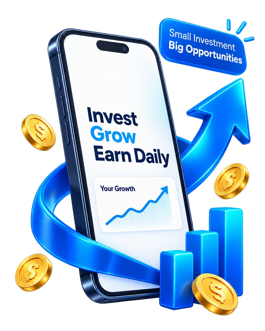 lucky-investment.online phone with a blue growth arrow, gold coins and rising chart